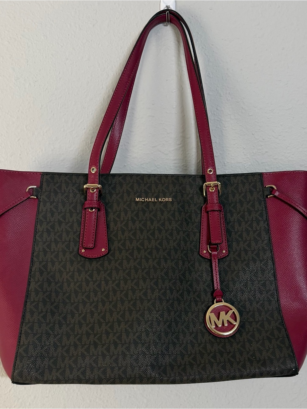 Michael Kors Brown MK Logo Tote with Berry Trim